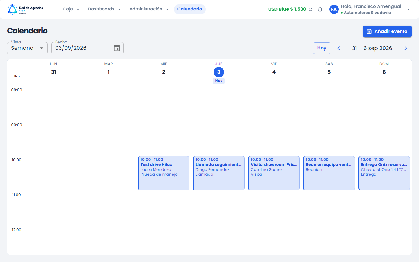 Vista semanal del calendario comercial con AppBar