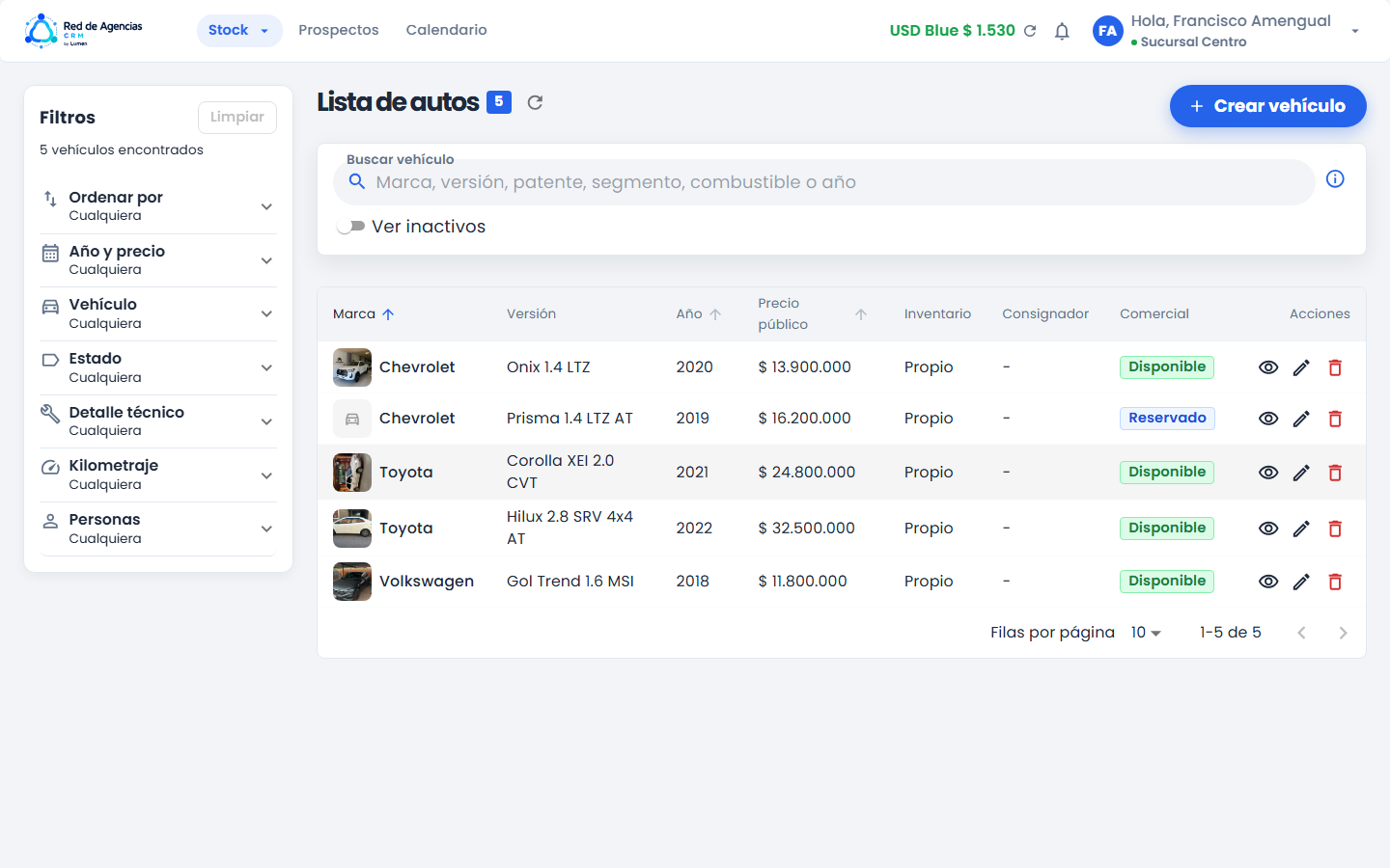 Listado de stock de vehículos con AppBar